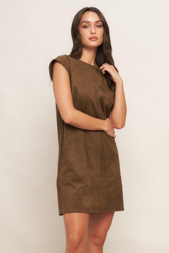 A faux suede midi shift dress featuring round neckline, cap sleeve and back neck tie closure