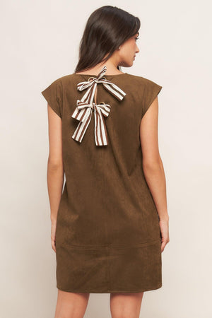 A faux suede midi shift dress featuring round neckline, cap sleeve and back neck tie closure