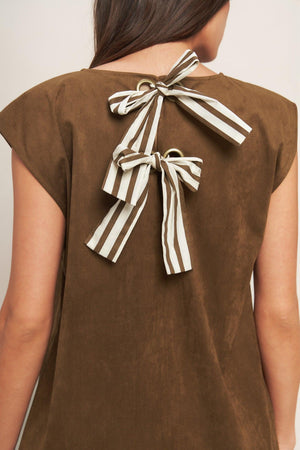 A faux suede midi shift dress featuring round neckline, cap sleeve and back neck tie closure