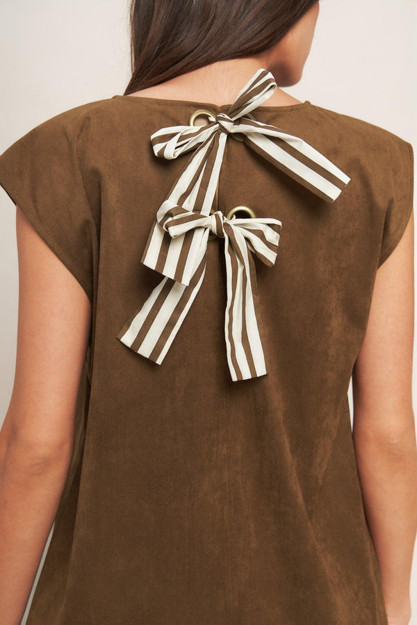 A faux suede midi shift dress featuring round neckline, cap sleeve and back neck tie closure