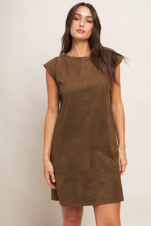 A faux suede midi shift dress featuring round neckline, cap sleeve and back neck tie closure