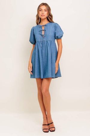 SUNSET GETAWAY DENIM MINI DRESS.