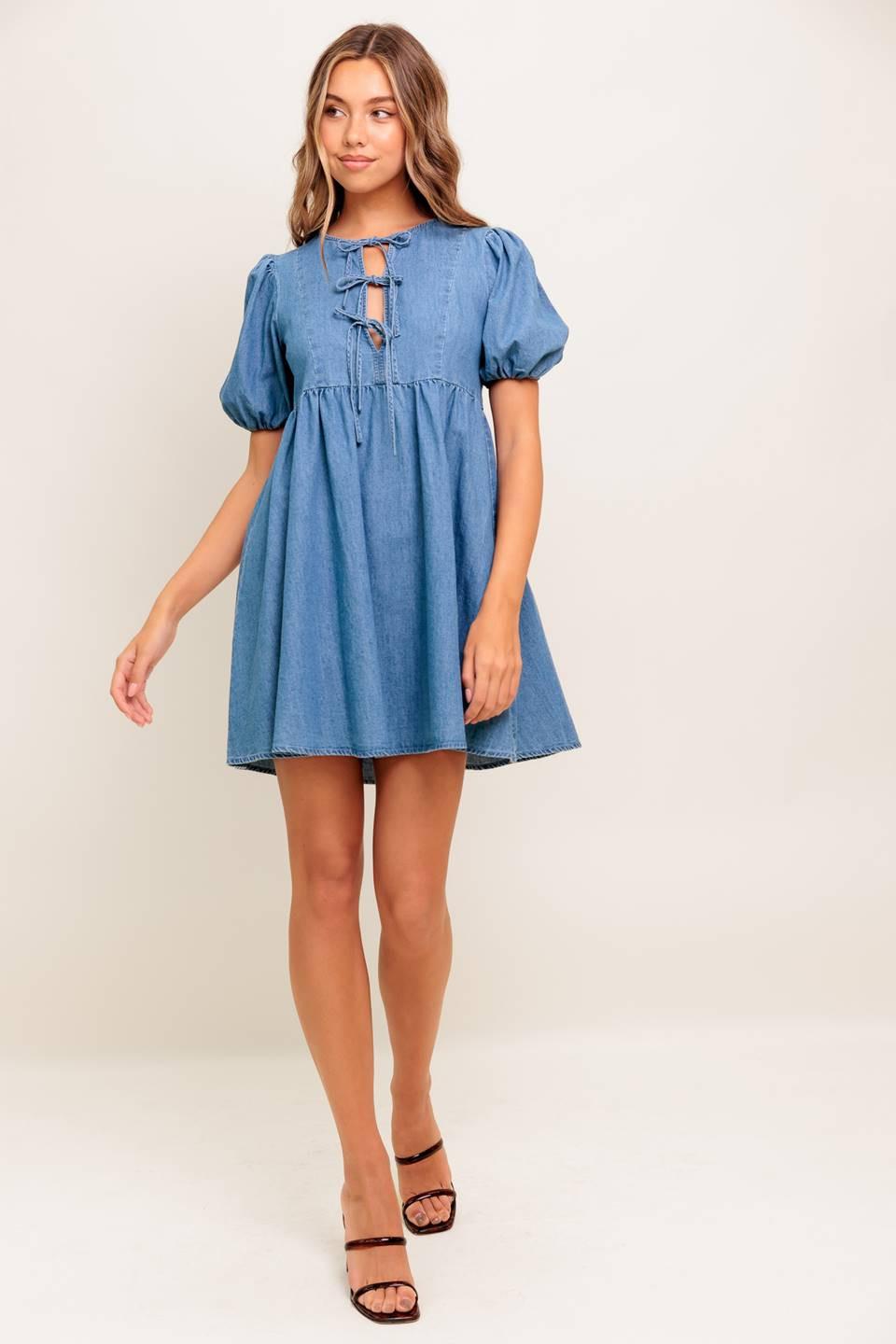 SUNSET GETAWAY DENIM MINI DRESS.