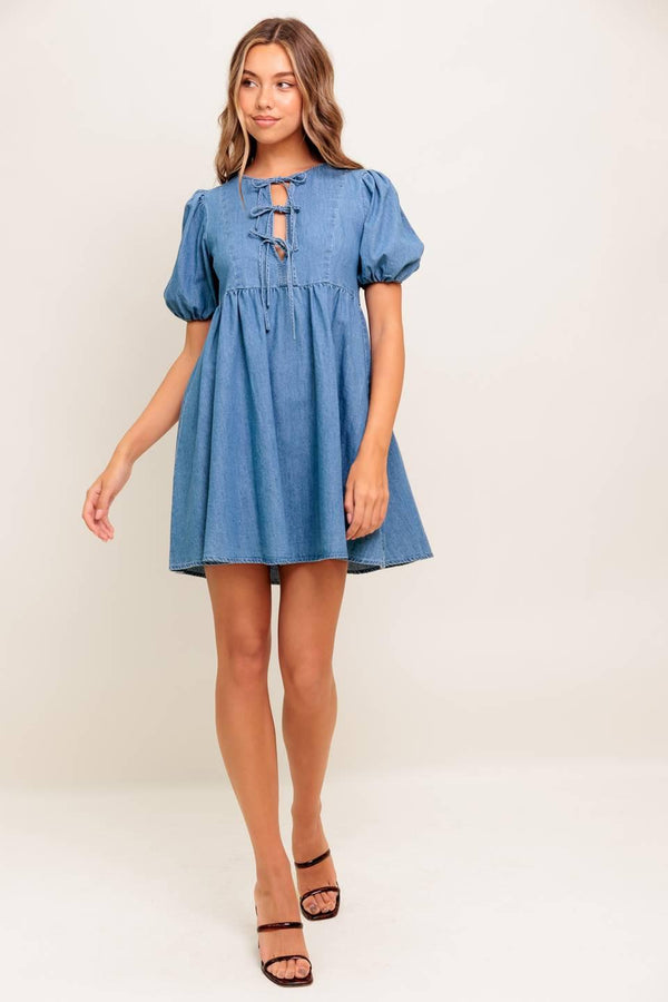 SUNSET GETAWAY DENIM MINI DRESS.
