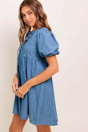 SUNSET GETAWAY DENIM MINI DRESS.