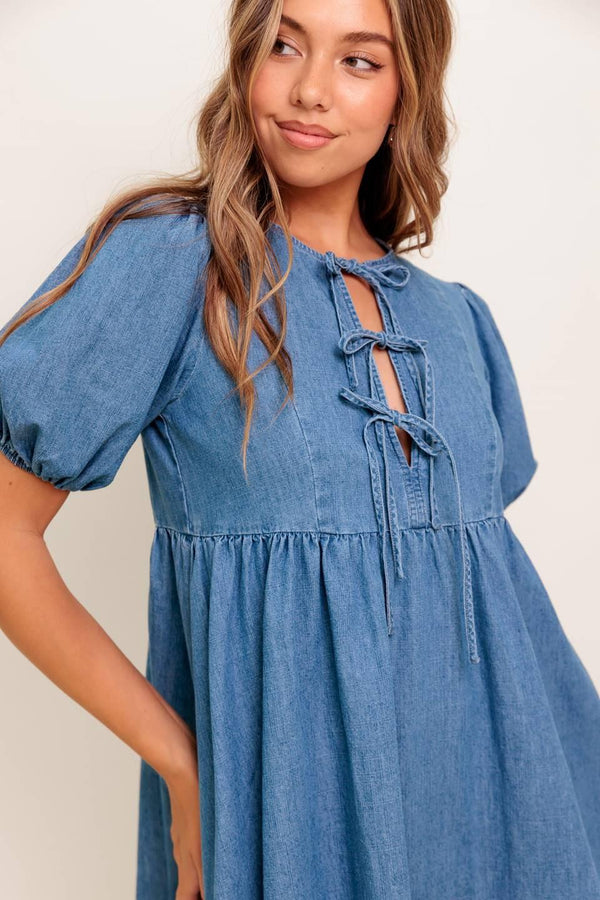 SUNSET GETAWAY DENIM MINI DRESS.