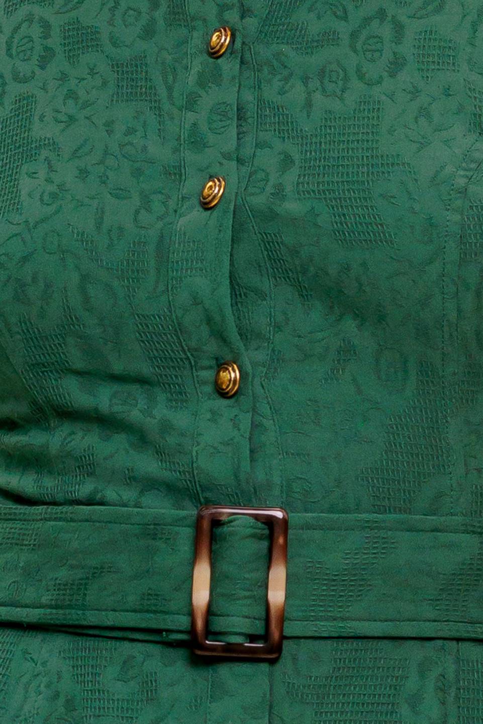 A jacquard woven midi dress featuring collar, short sleeve, button down, self belt, side pocket and full skirt