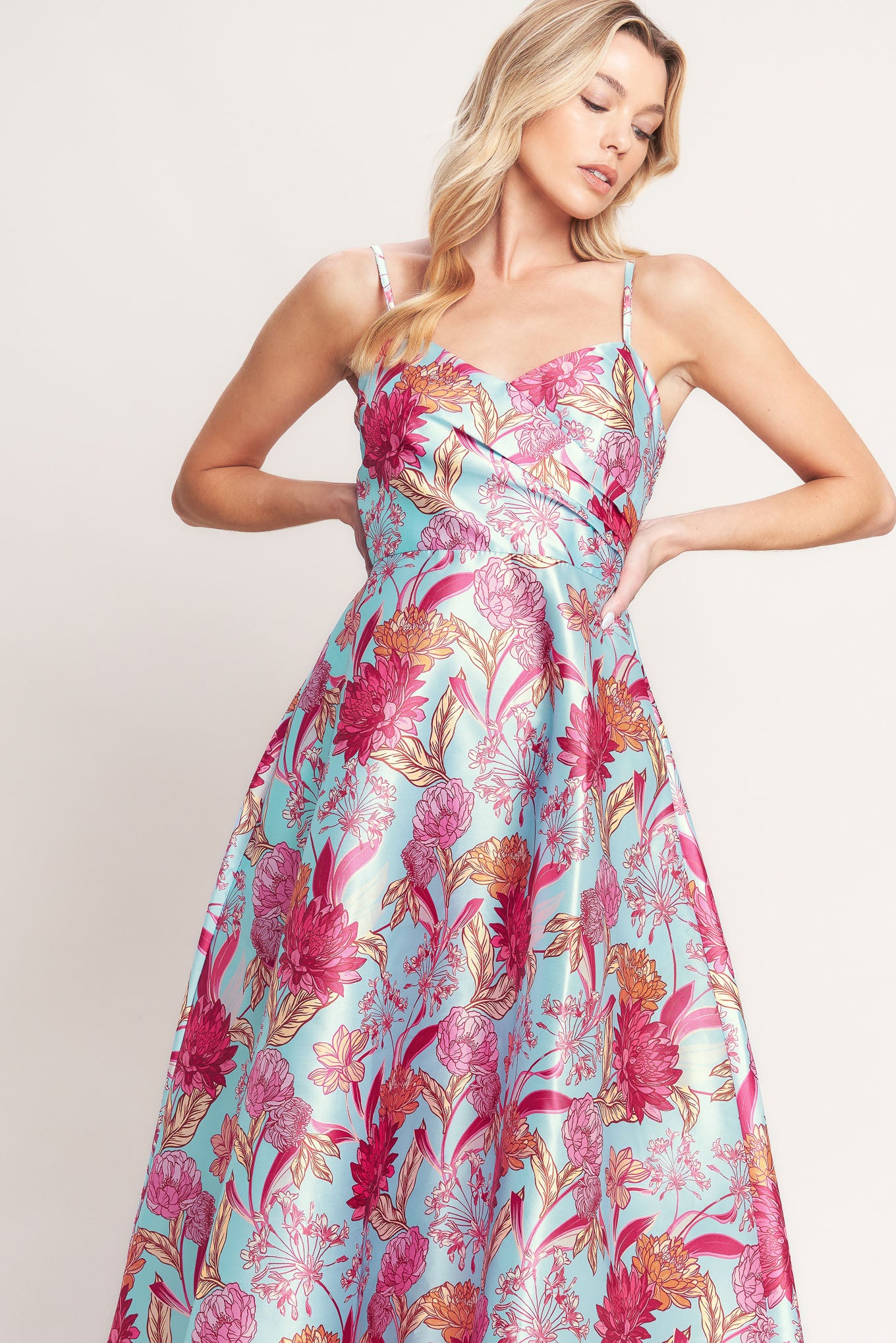 A printed woven midi dress featuring surplice neckline, straps, circle skirt and back zipper closure

Details:

Self: 100% Polyester
Lining: 100% Polyester

Size & Fit

- Model is 5`8" And Wearing Size Small
- Measurements Taken From Size Small
- Approx. Length: 49"