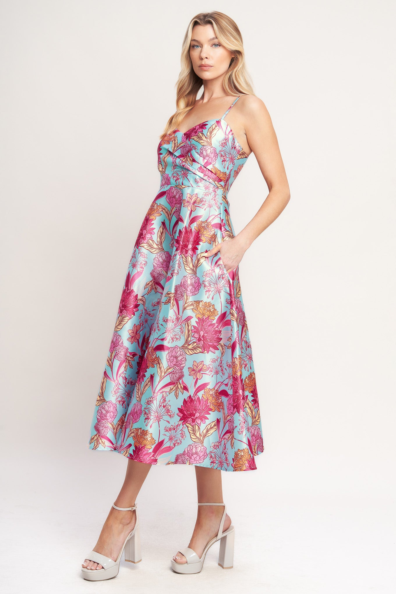 A printed woven midi dress featuring surplice neckline, straps, circle skirt and back zipper closure

Details:

Self: 100% Polyester
Lining: 100% Polyester

Size & Fit

- Model is 5`8" And Wearing Size Small
- Measurements Taken From Size Small
- Approx. Length: 49"