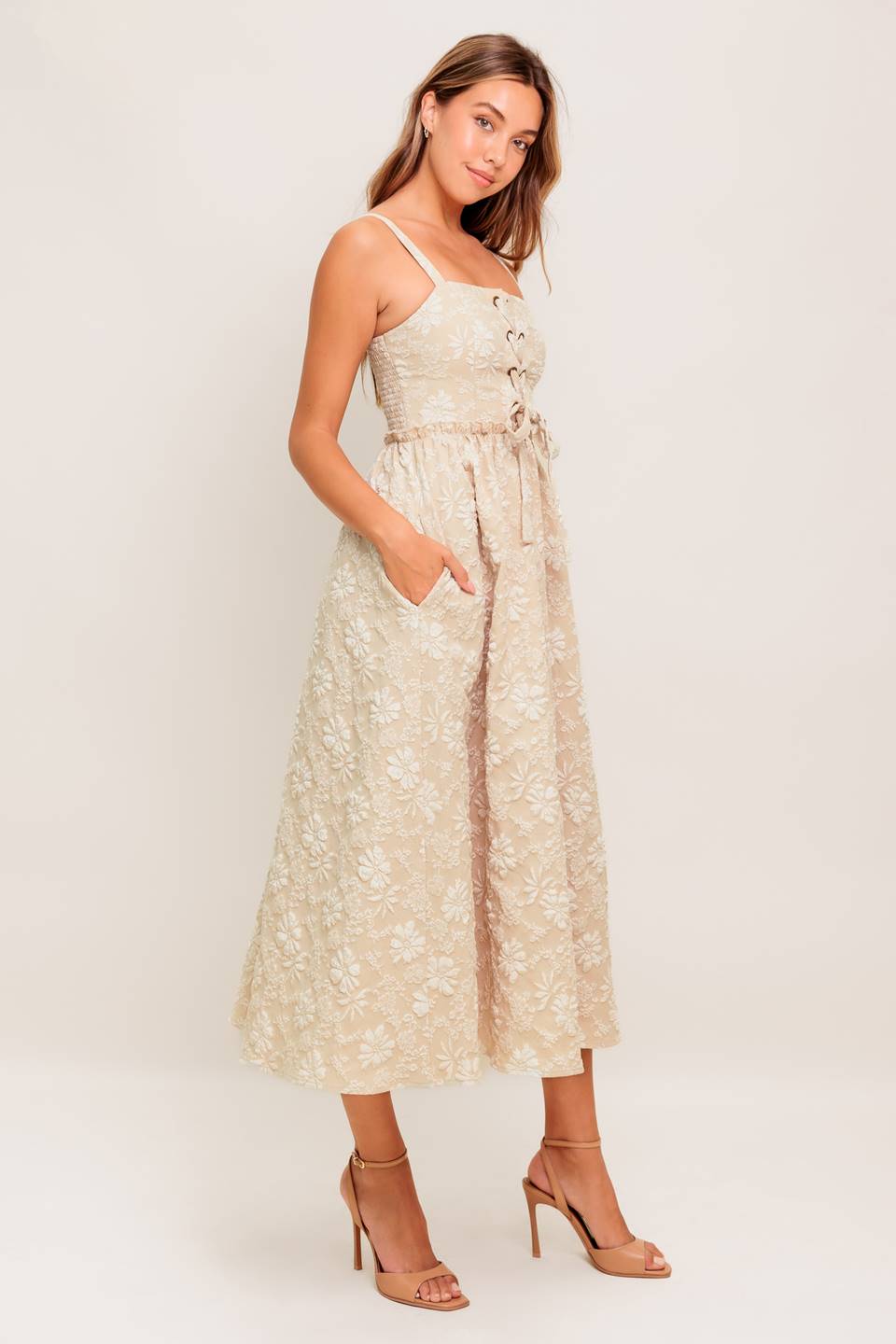 SOFT SUNSET STORY WOVEN MIDI DRESS