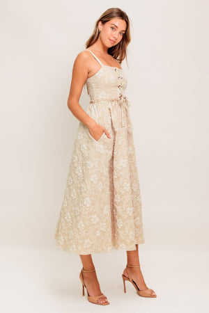 SOFT SUNSET STORY WOVEN MIDI DRESS.