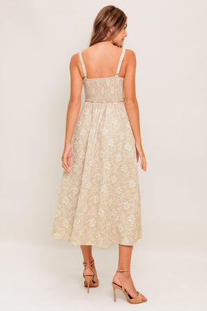 SOFT SUNSET STORY WOVEN MIDI DRESS.