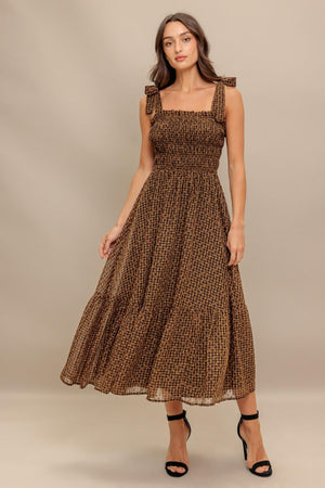 CHECKED DAYDREAM WOVEN MIDI DRESS.