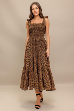 CHECKED DAYDREAM WOVEN MIDI DRESS.