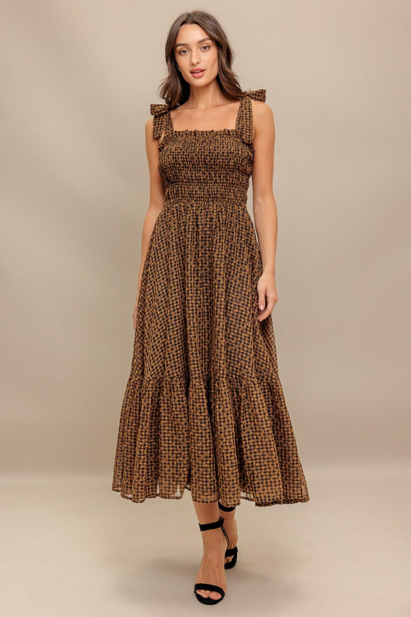 CHECKED DAYDREAM WOVEN MIDI DRESS.