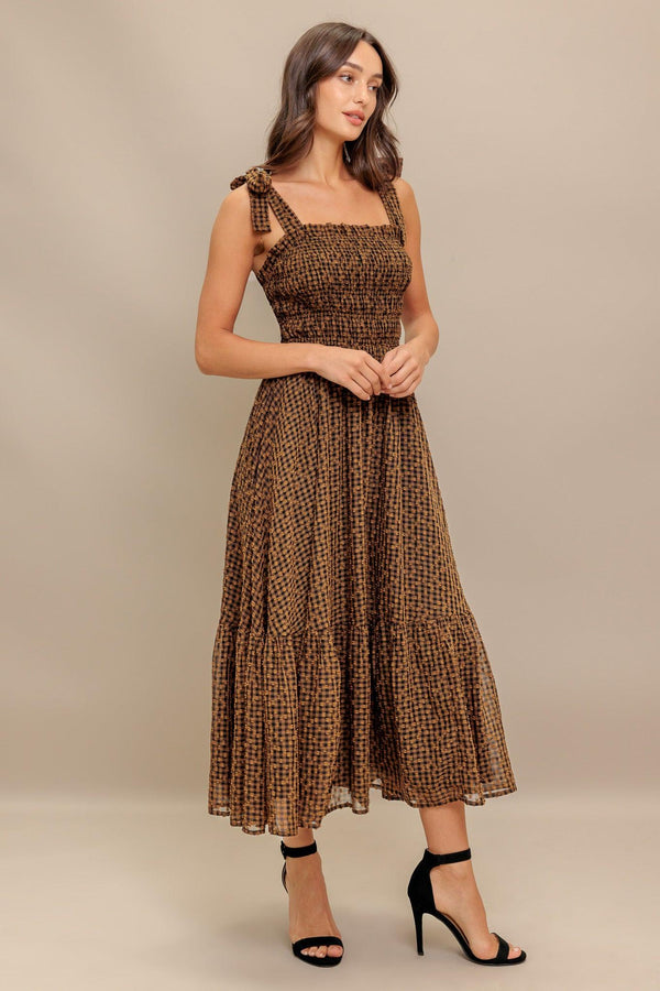 CHECKED DAYDREAM WOVEN MIDI DRESS.