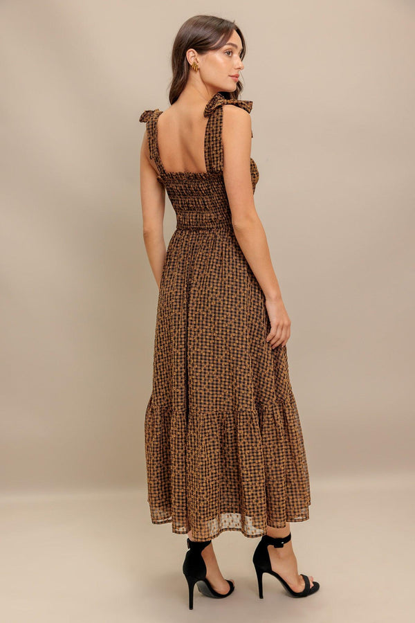 CHECKED DAYDREAM WOVEN MIDI DRESS.