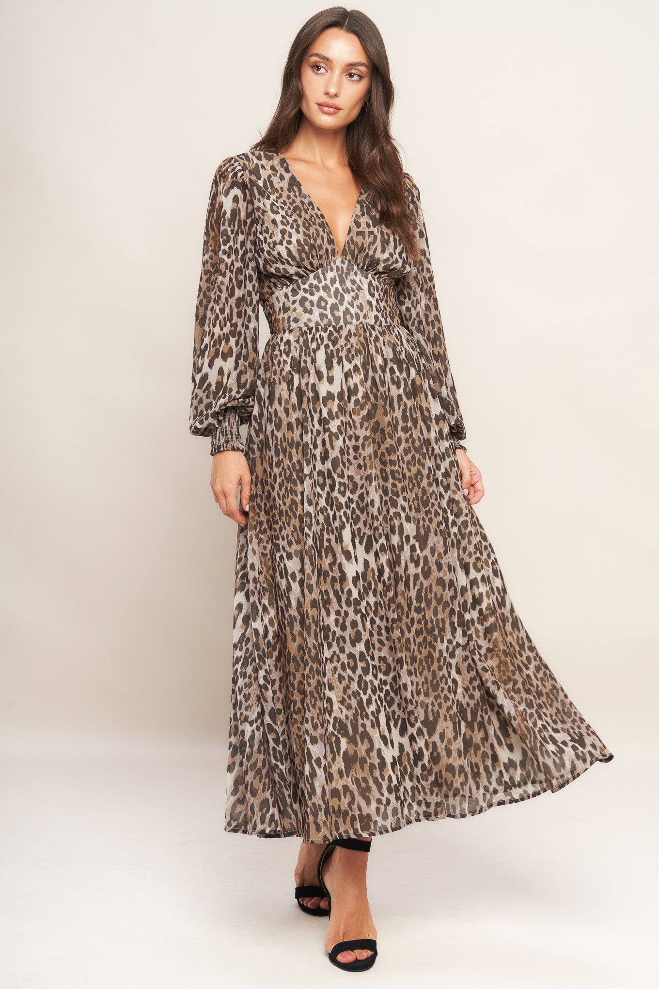 A printed woven midi dress featuring V neckline, long sleeve with smocked cuff, waist yoke and smocked back waist band