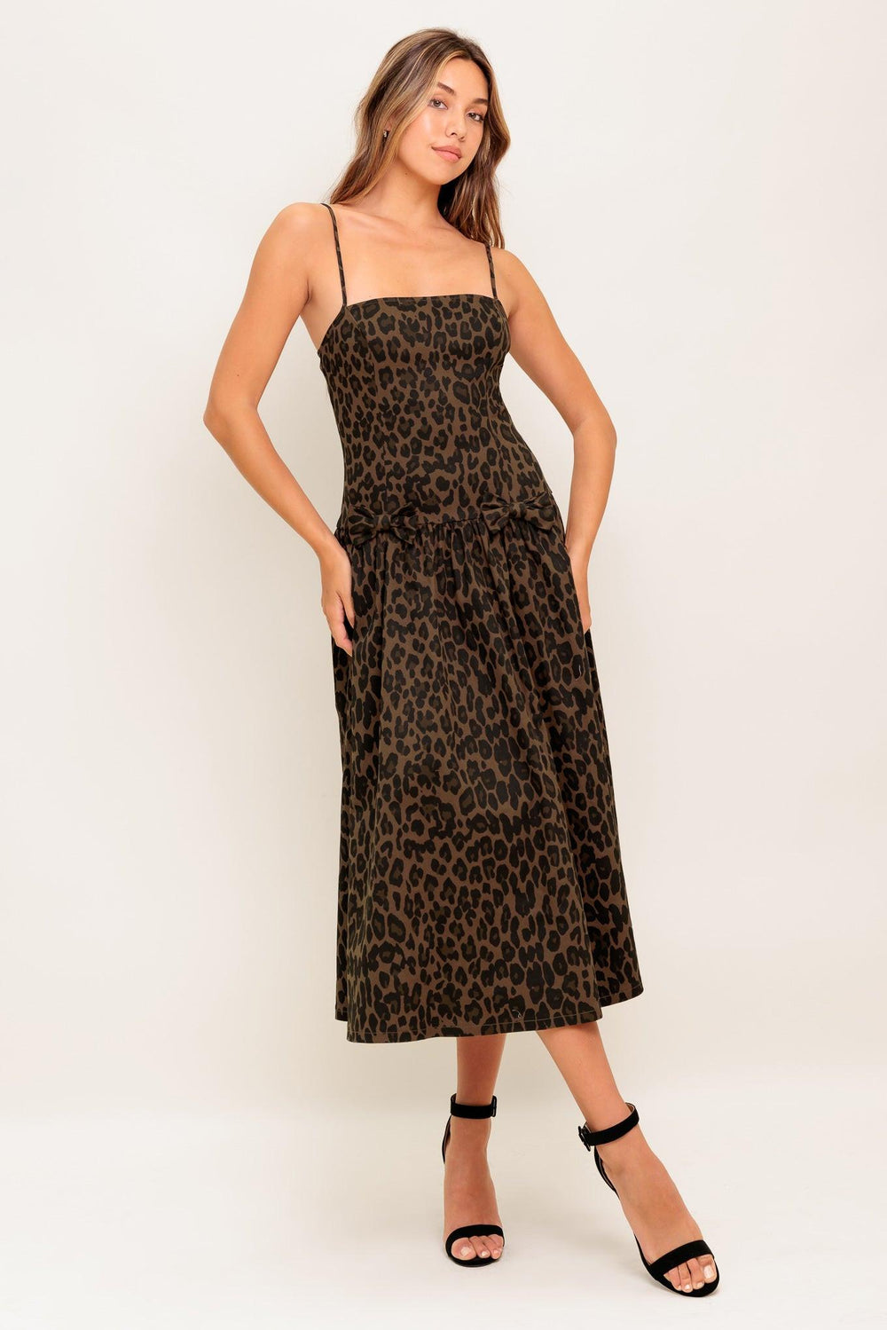 WALK SOFT, STRIKE STRONG LEOPARD WOVEN MIDI DRESS.