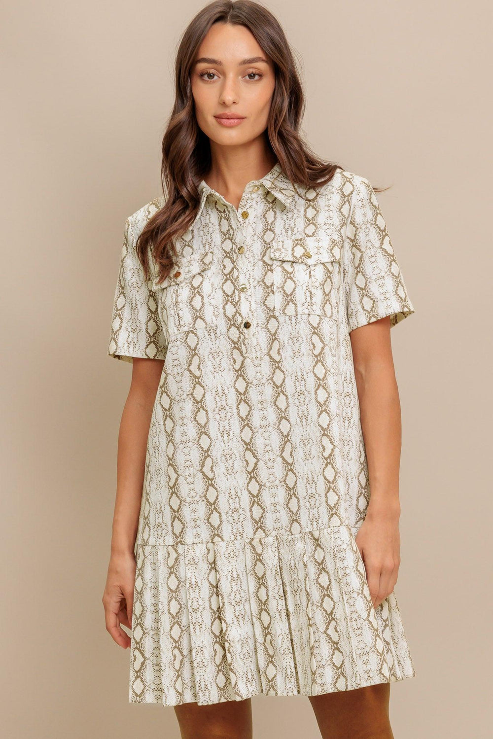 A printed woven mini dress featuring collar, short sleeve, pocket, button down and pleated bottom