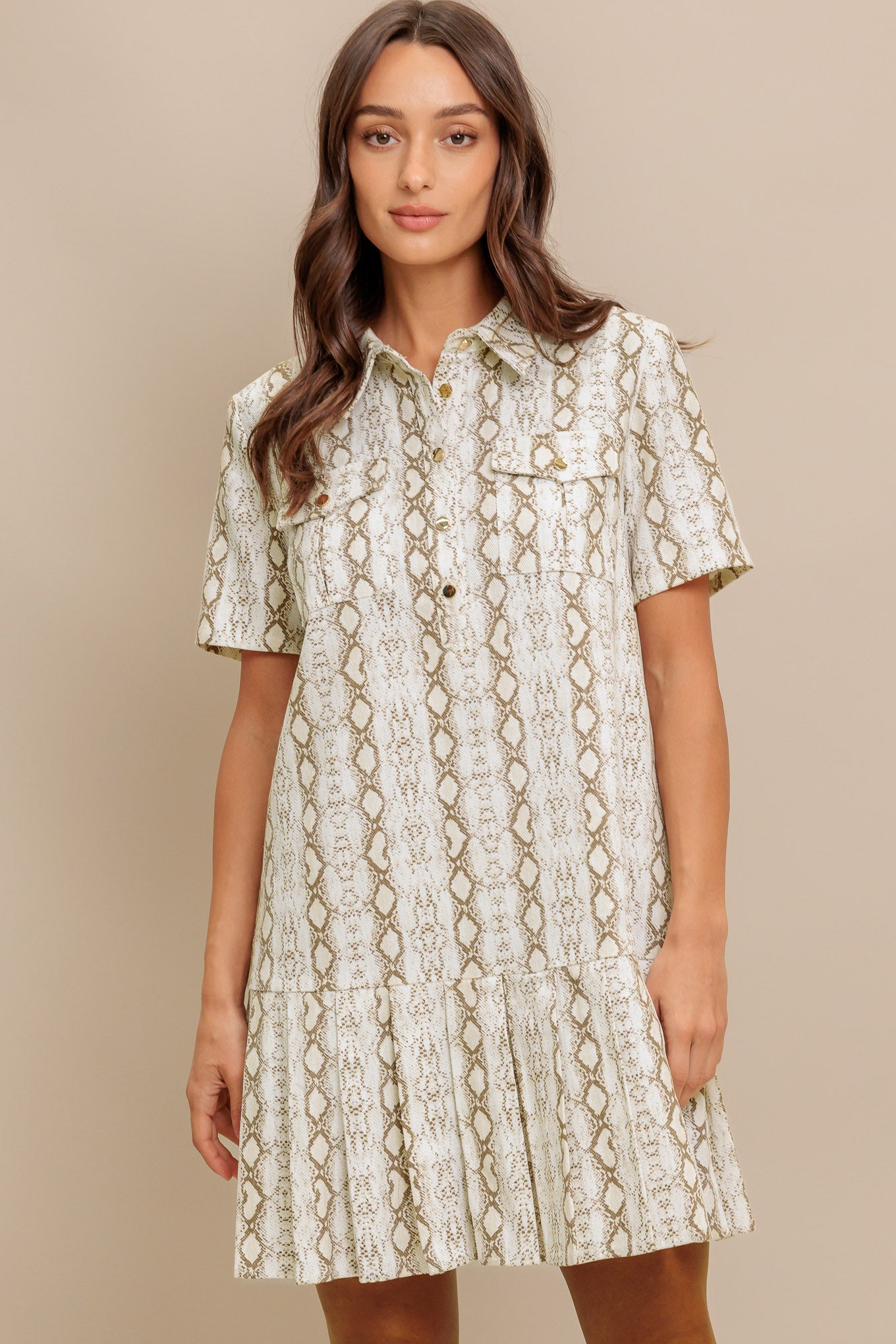 A printed woven mini dress featuring collar, short sleeve, pocket, button down and pleated bottom