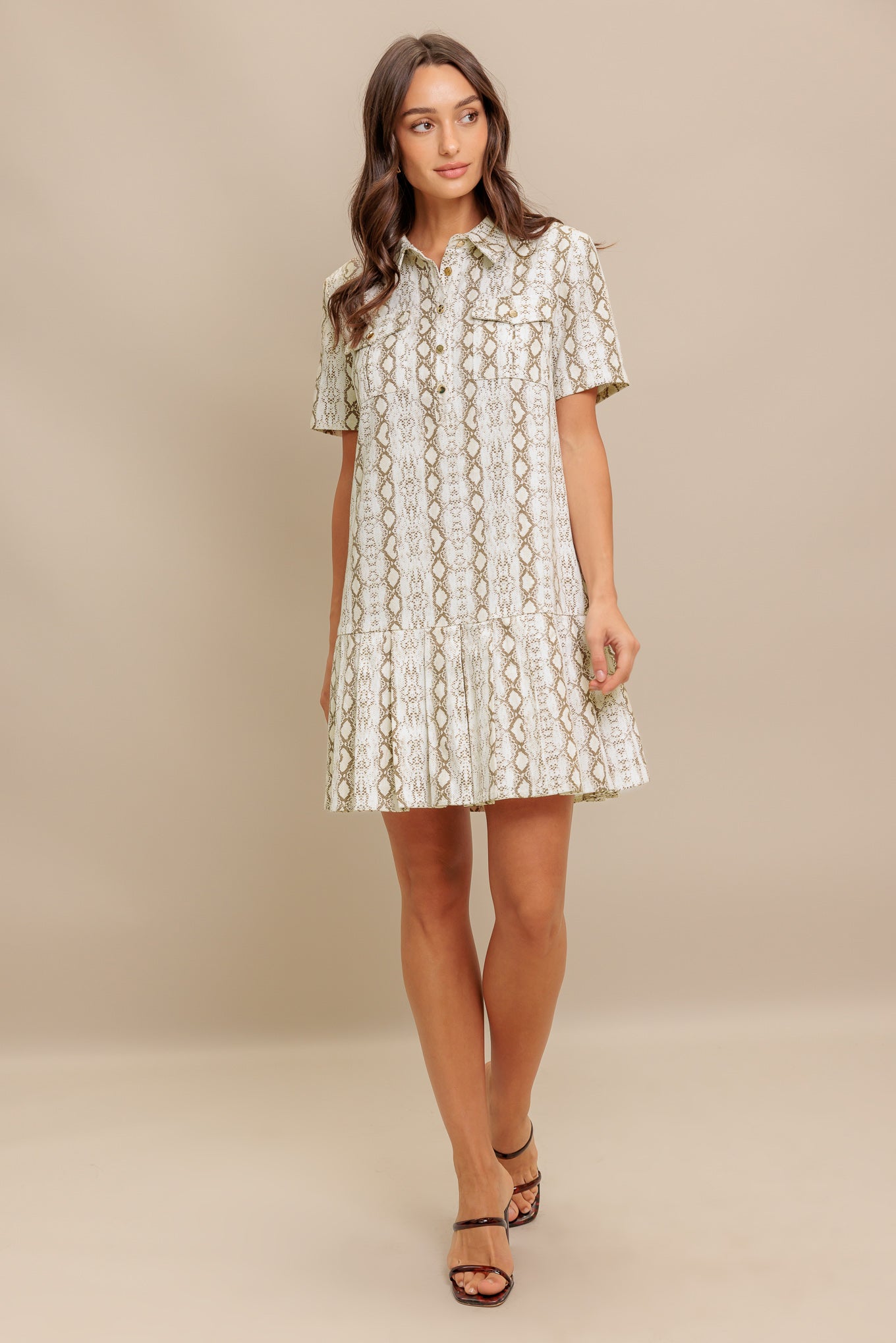 A printed woven mini dress featuring collar, short sleeve, pocket, button down and pleated bottom