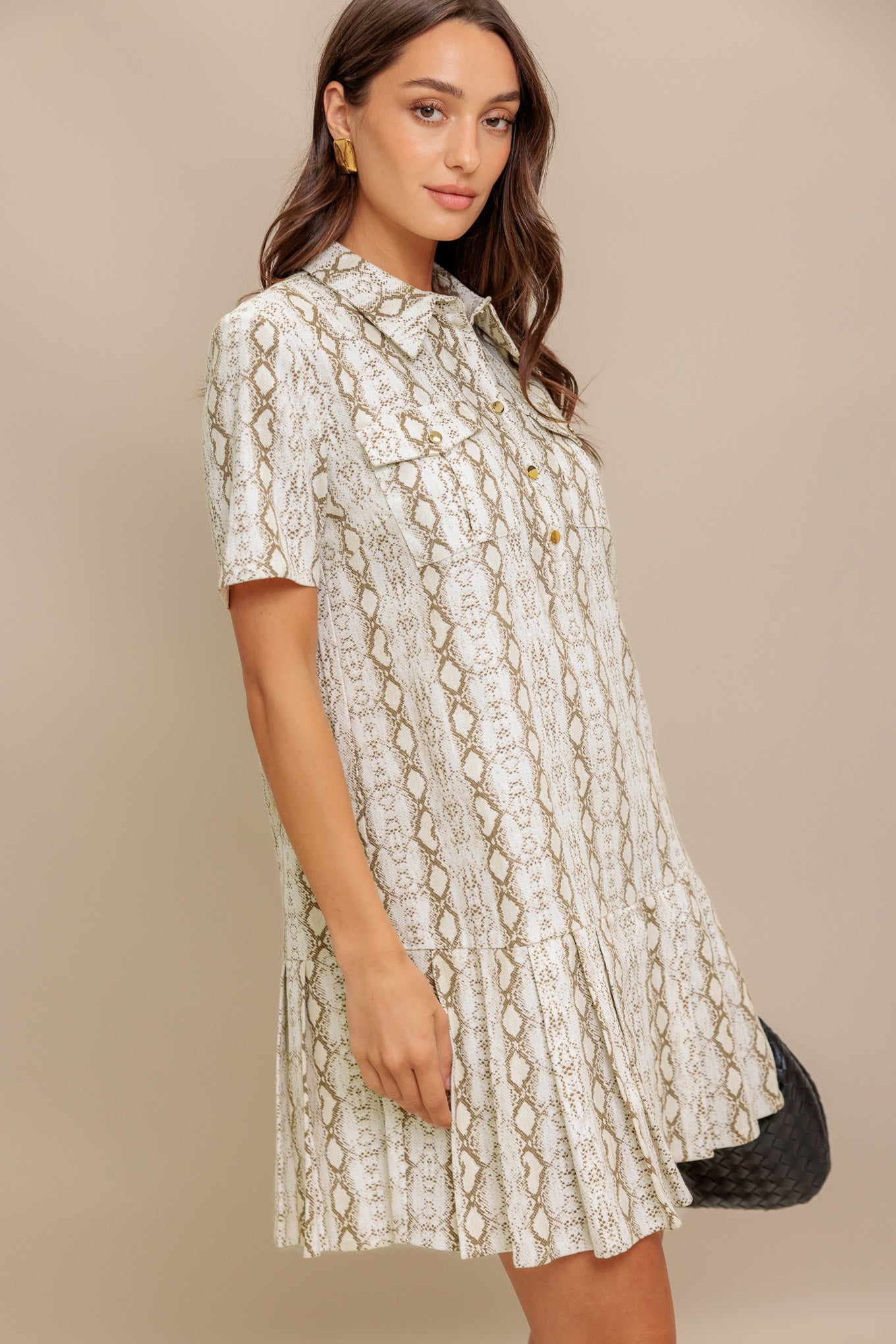 A printed woven mini dress featuring collar, short sleeve, pocket, button down and pleated bottom