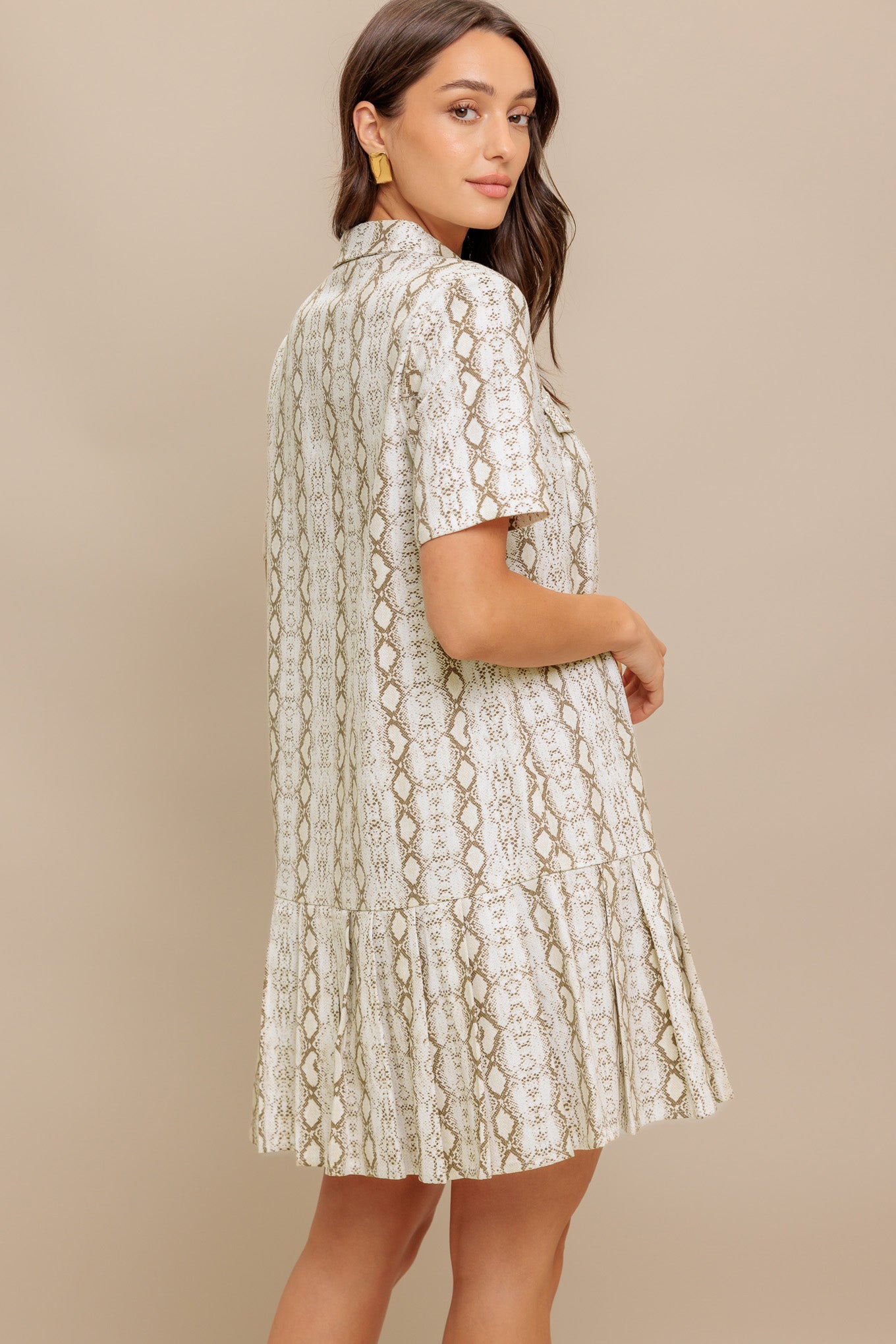 A printed woven mini dress featuring collar, short sleeve, pocket, button down and pleated bottom