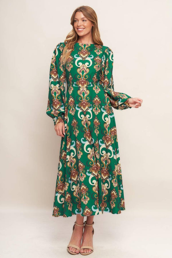 
A printed woven midi dress featuring round neckline, long sleeve with cuff, circle skirt, back cut out with tie and zipper closure