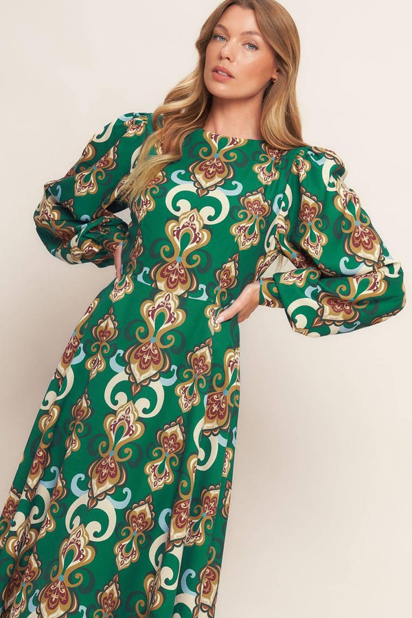 
A printed woven midi dress featuring round neckline, long sleeve with cuff, circle skirt, back cut out with tie and zipper closure