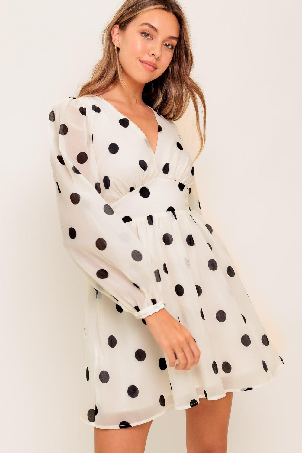MONROE DOT CHIFFON WOVEN MINI DRESS.