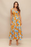 SKYBLOSSOM RUSH WOVEN MIDI DRESS.
