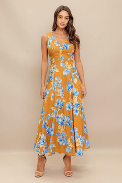 SKYBLOSSOM RUSH WOVEN MIDI DRESS.