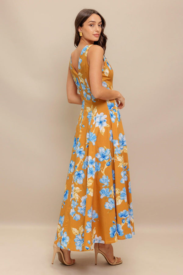 SKYBLOSSOM RUSH WOVEN MIDI DRESS.