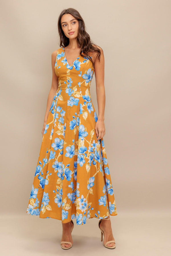 SKYBLOSSOM RUSH WOVEN MIDI DRESS.