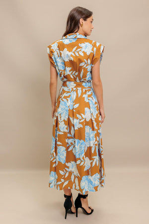 A printed woven midi dress featuring collar, short sleeve, front button down, self sash tie and full skirt