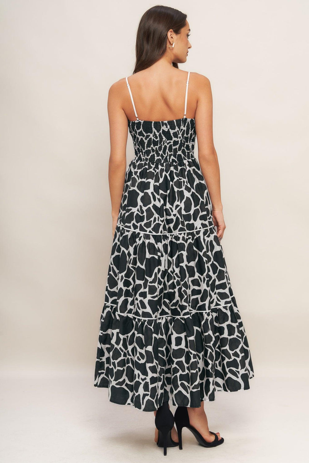 A printed woven midi dress featuring cami top, waist yoke, tiered skirt and smocked back bodice