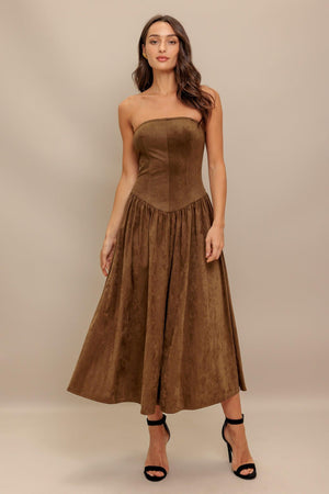 A faux suede midi dress featuring strapless, basque waistline full skirt and back zipper closure