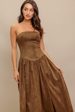 A faux suede midi dress featuring strapless, basque waistline full skirt and back zipper closure