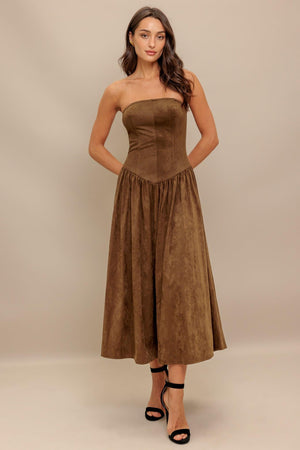 A faux suede midi dress featuring strapless, basque waistline full skirt and back zipper closure