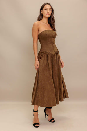 A faux suede midi dress featuring strapless, basque waistline full skirt and back zipper closure