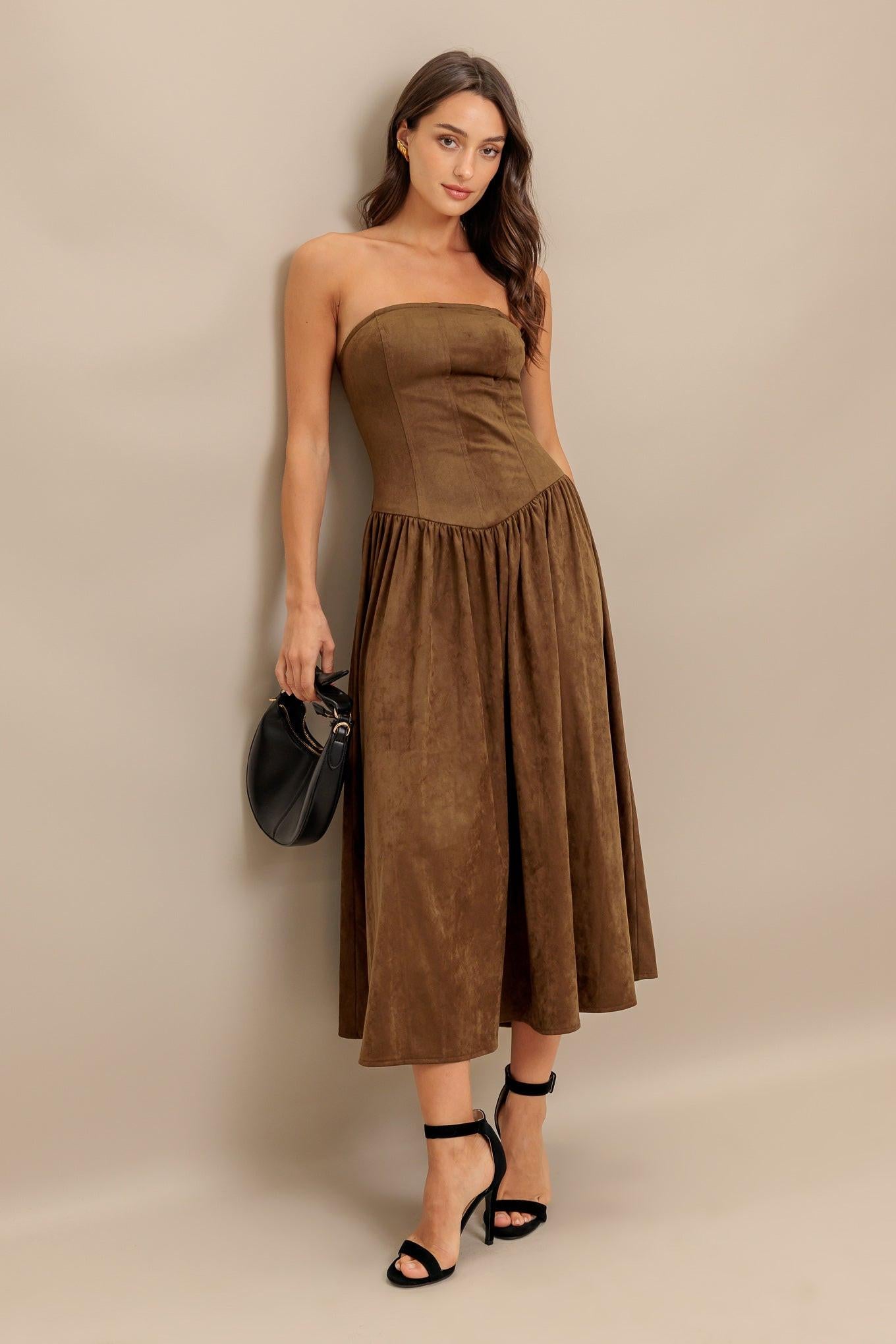 WILD ESPRESSO FAUX SUEDE MIDI DRESS l FLYING TOMATO BROWN / M WILD ESPRESSO FAUX SUEDE MIDI DRESS l FLYING TOMATO BROWN / M