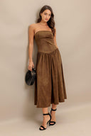A faux suede midi dress featuring strapless, basque waistline full skirt and back zipper closure
