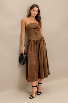 A faux suede midi dress featuring strapless, basque waistline full skirt and back zipper closure