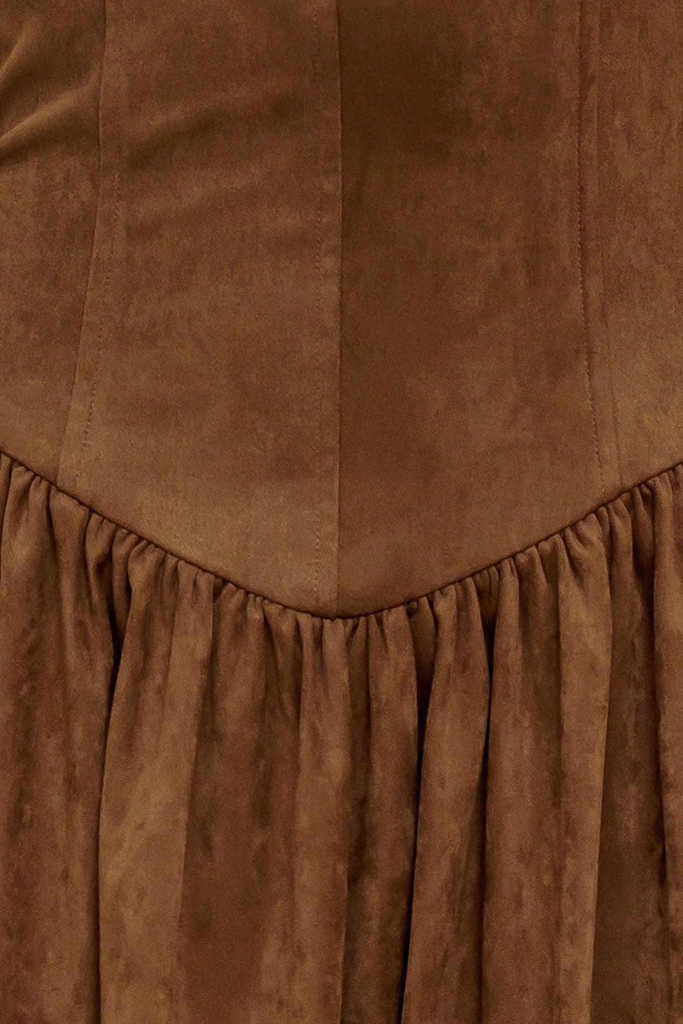 A faux suede midi dress featuring strapless, basque waistline full skirt and back zipper closure
