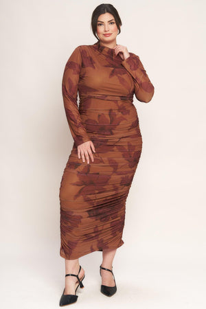 AMBER FLORA POWER MESH MIDI DRESS.