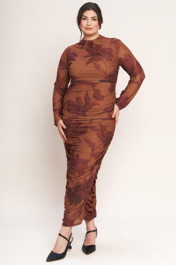 AMBER FLORA POWER MESH MIDI DRESS.