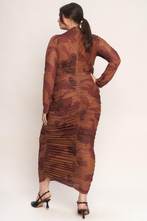 AMBER FLORA POWER MESH MIDI DRESS.
