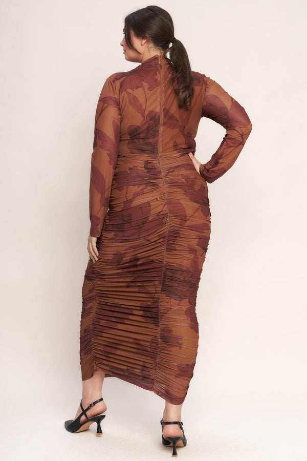 AMBER FLORA POWER MESH MIDI DRESS.