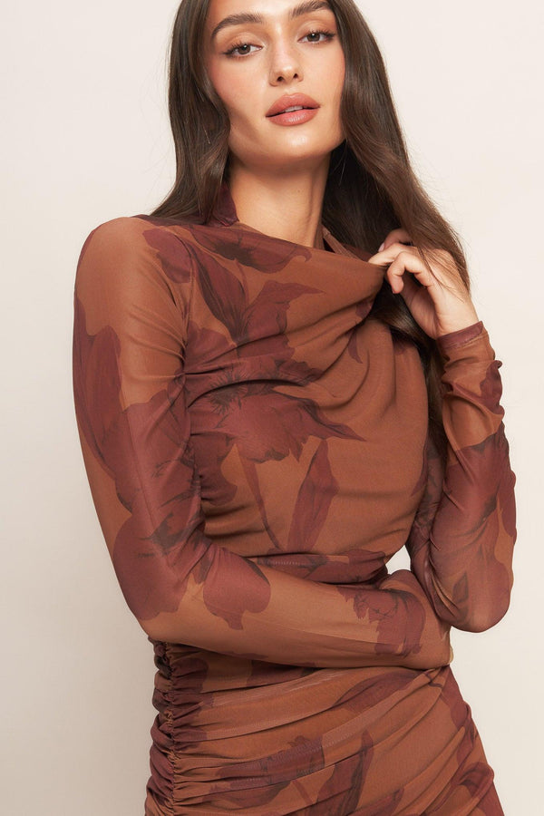 AMBER FLORA POWER MESH MIDI DRESS.